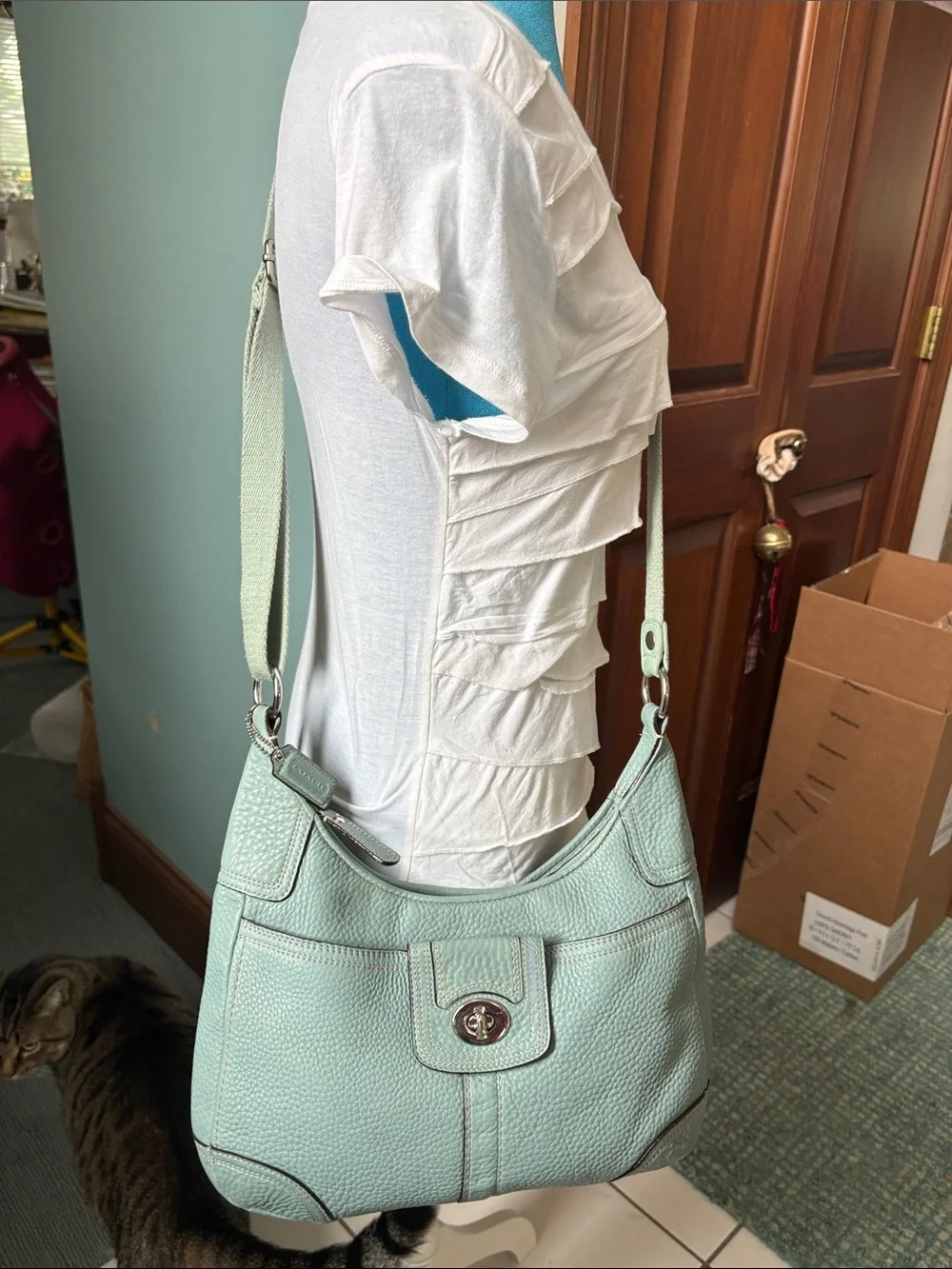 Coach  shoulder bag  Crossbody bag  pebbled Leather  icy mint green  turn lock